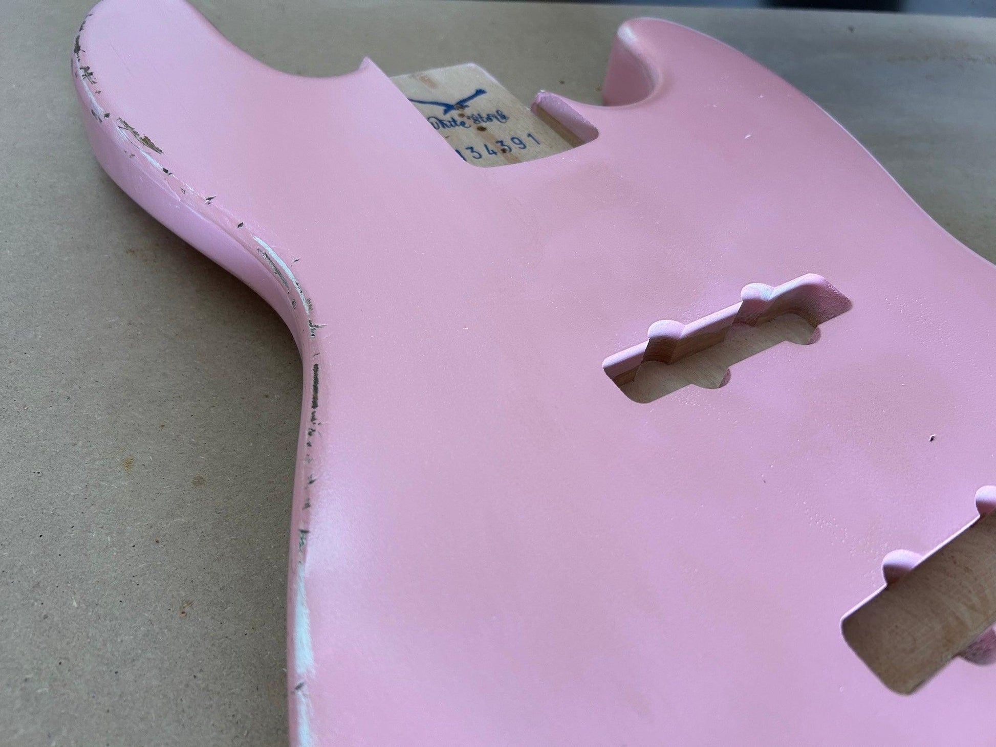 Alder JazzBass Style Bass Guitar Body, Nitro Shell Pink Front Detail 2