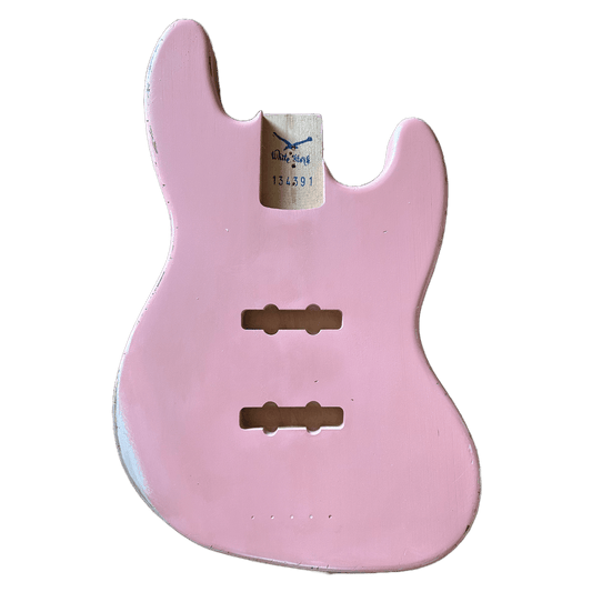 Alder JazzBass Style Bass Guitar Body, Nitro Shell Pink Front