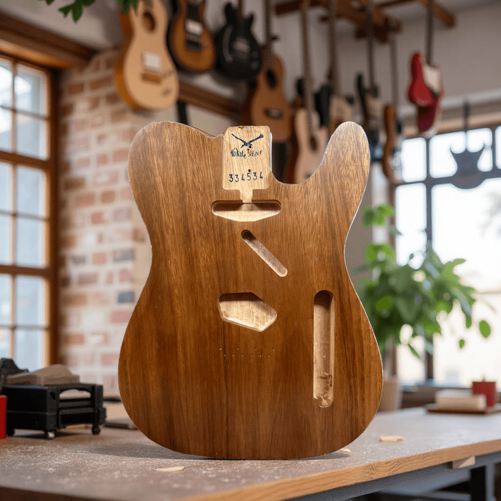Vintage Style Telecaster Body, Clear Satin NItro Finish, Pearloid Binding, Front Workshop