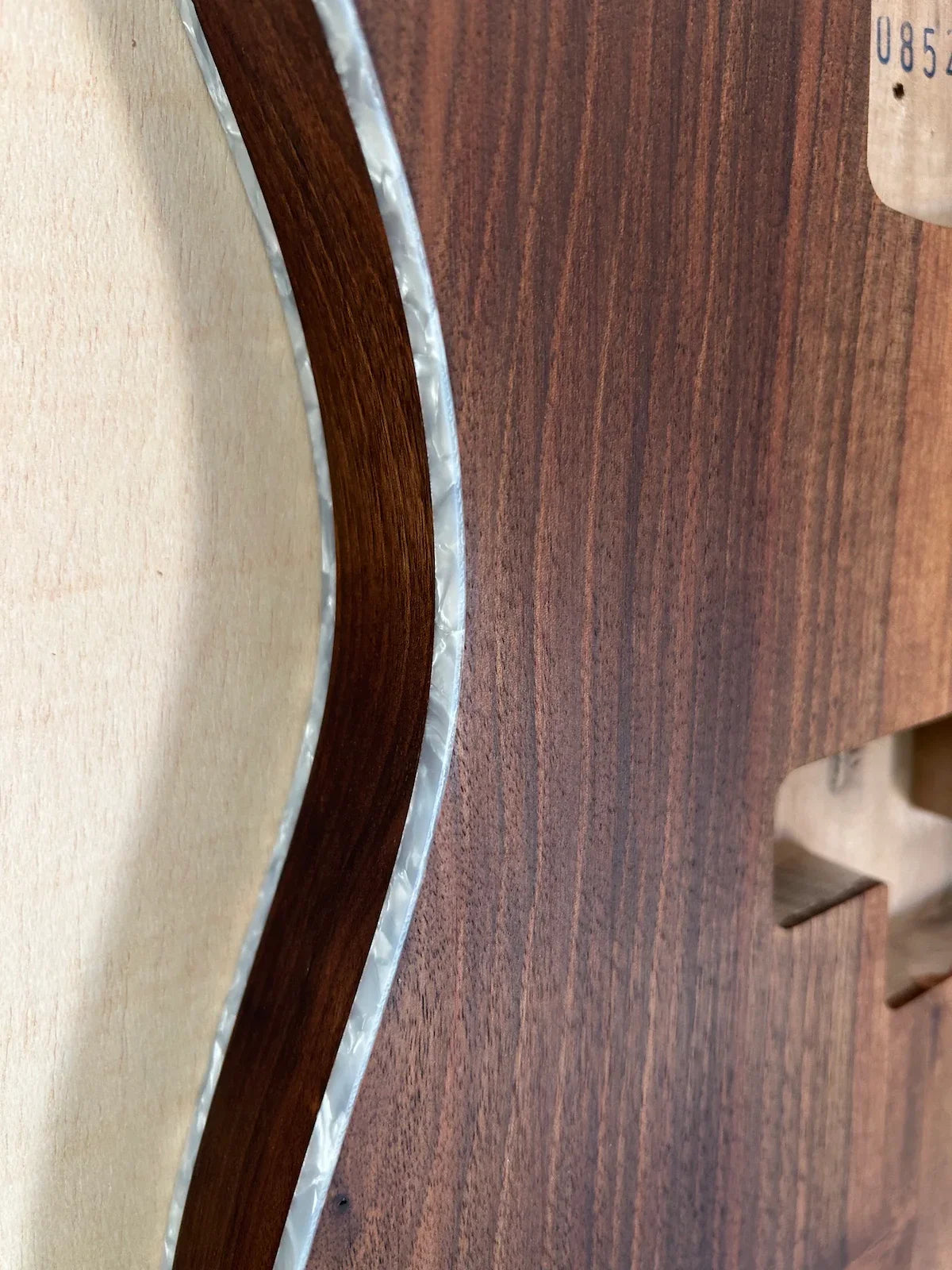 Walnut Precision Bass Style Body Oil Finish Pearloid Binding Detail 1