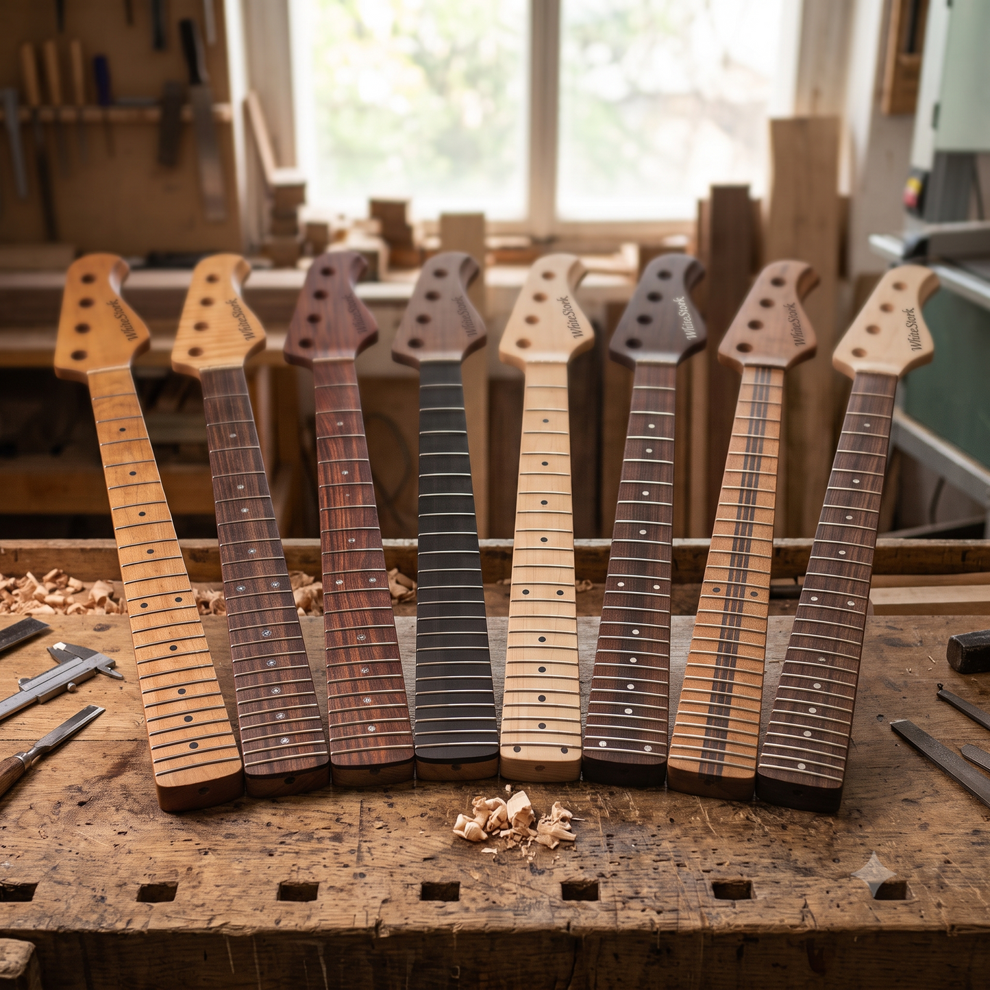 Seven unfinished guitar necks in various wood finishes and colors are lined up on a rustic wooden workbench inside a woodworking shop.