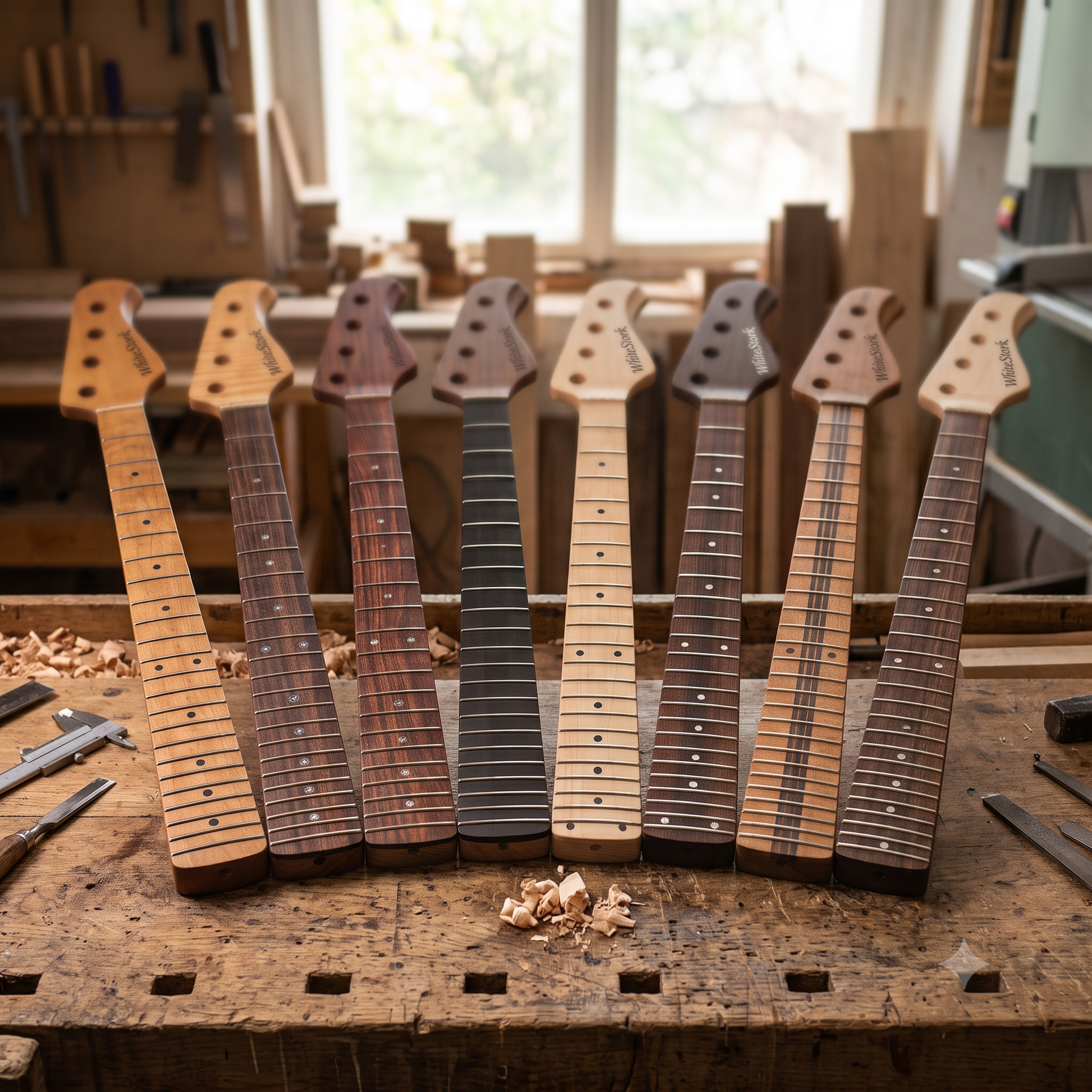Seven unfinished guitar necks in various wood finishes and colors are lined up on a rustic wooden workbench inside a woodworking shop.