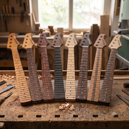 Seven unfinished guitar necks in various wood finishes and colors are lined up on a rustic wooden workbench inside a woodworking shop.