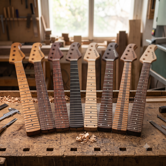 Seven unfinished guitar necks in various wood finishes and colors are lined up on a rustic wooden workbench inside a woodworking shop.