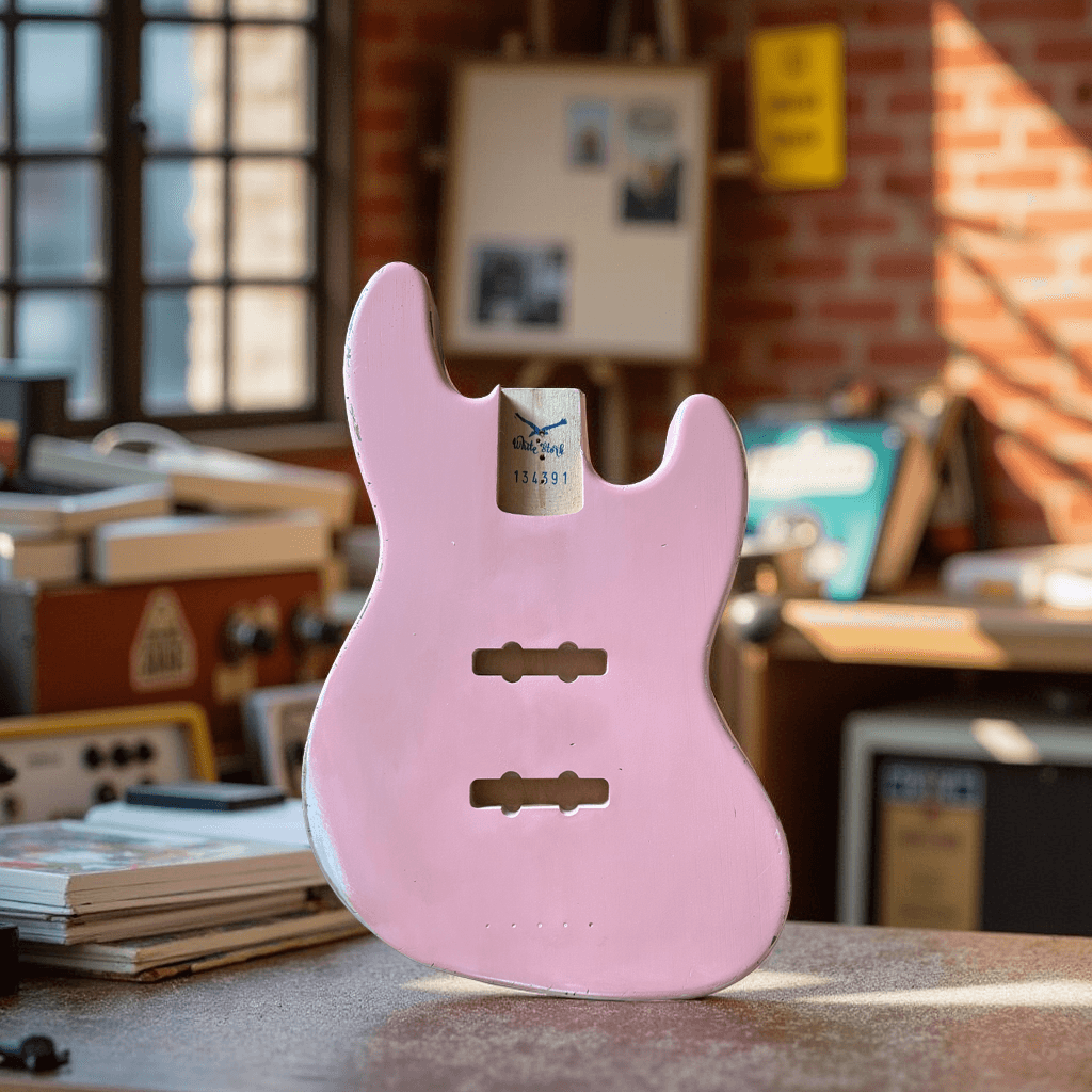Alder JazzBass Style Bass Guitar Body, Nitro Shell Pink Front Scene